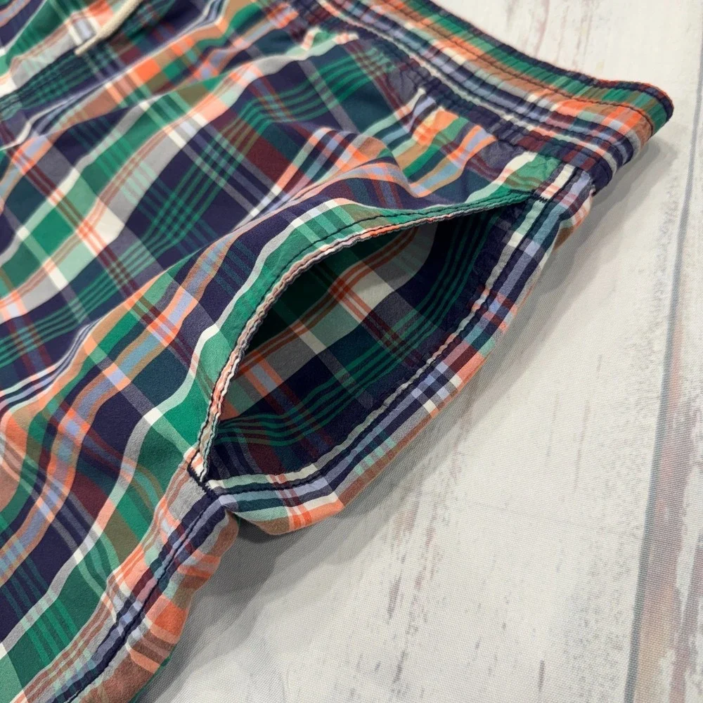 VTG Polo Ralph Lauren Bathing Suit L Swim Trunks Blue Green Plaid Mesh Mens Pony